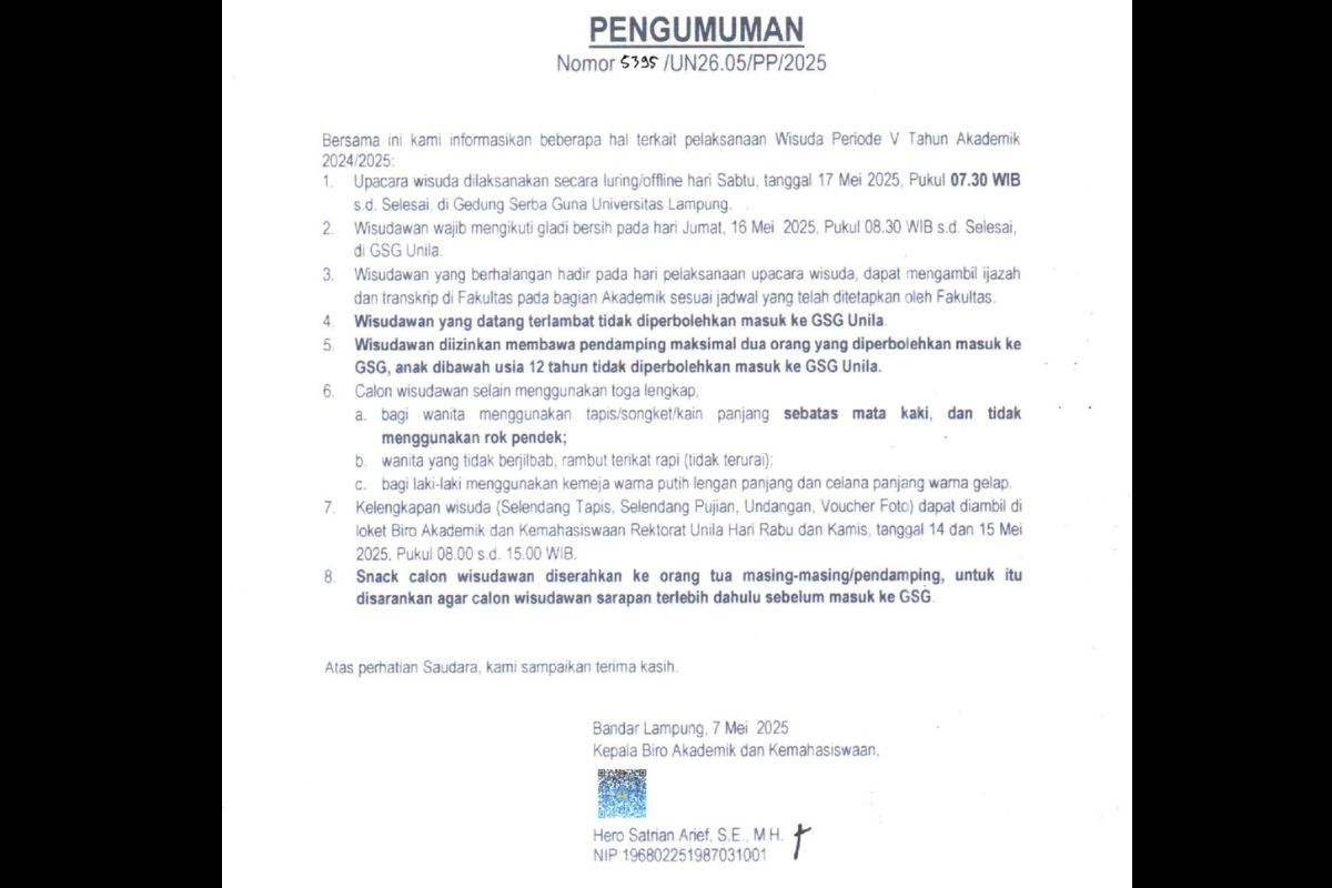 Read more about the article Pengumuman Pelaksanaan Wisuda Periode V TA. 2024/2025